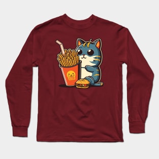 Cute Cat Eating Fries Long Sleeve T-Shirt